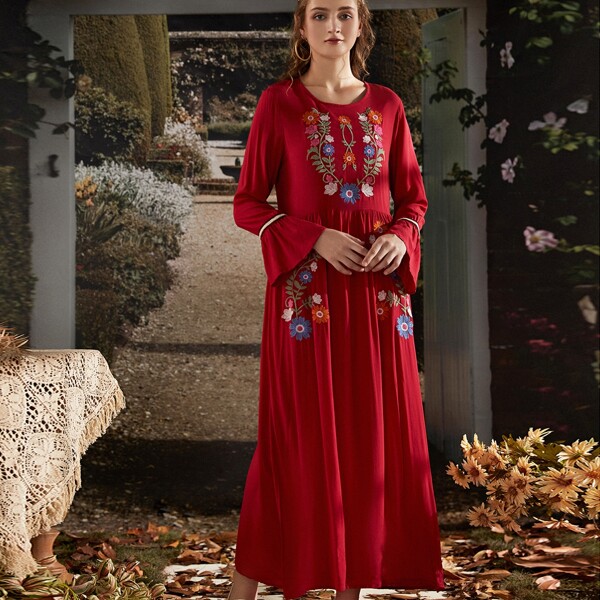 

Flounce Sleeve Floral Embroidery Smock Dress, Red