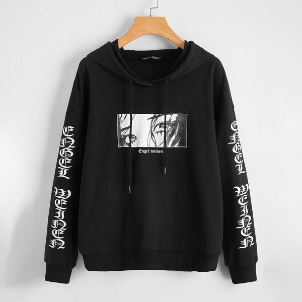 

Drop Shoulder Letter & Figure Print Drawstring Hoodie, Black
