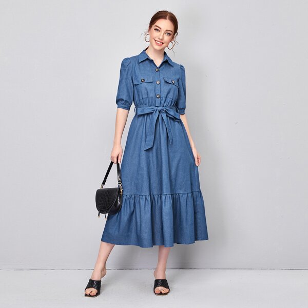 

Puff Sleeve Flap Pocket Ruffle Hem Belted Dress, Medium wash