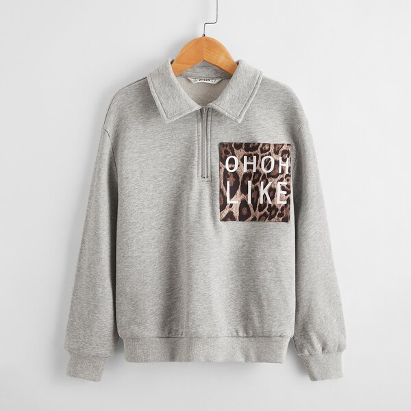 

Girls Letter Graphic Leopard Colorblock Pullover, Grey