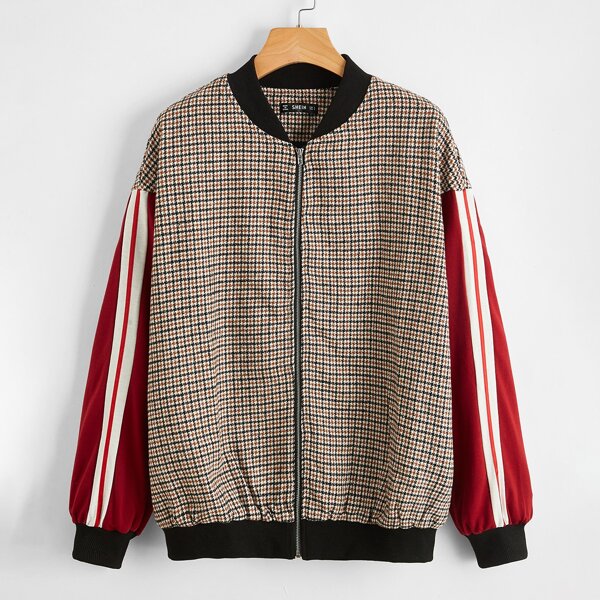 

Drop Shoulder Striped Side Houndstooth Pattern Bomber Jacket, Multicolor