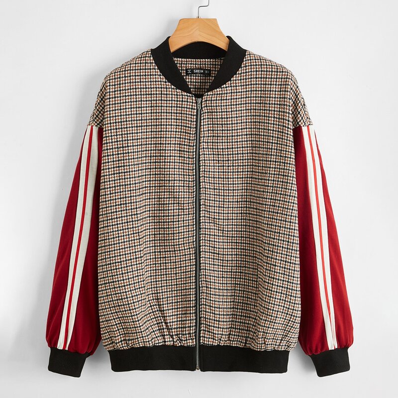 

Drop Shoulder Striped Side Houndstooth Pattern Bomber Jacket, Multicolor