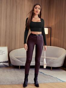 SHEIN Privé Áo thun Gân đan màu trơn Giải trí - màu đen - Xem 3