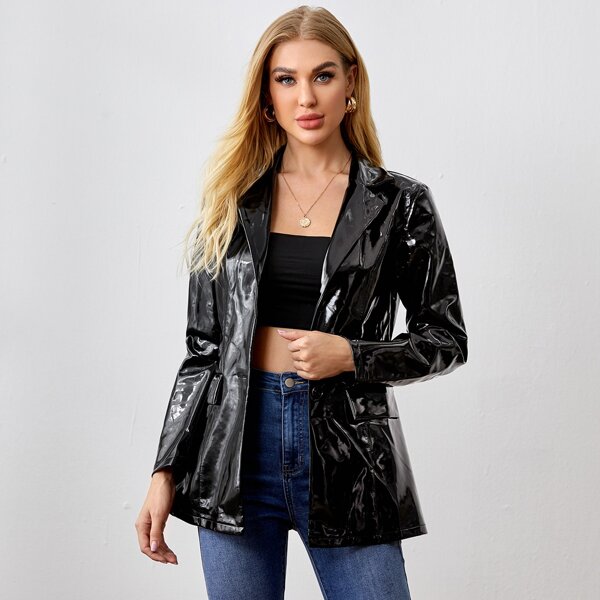 

PU Leather Lapel Collar Button Front Coat, Black