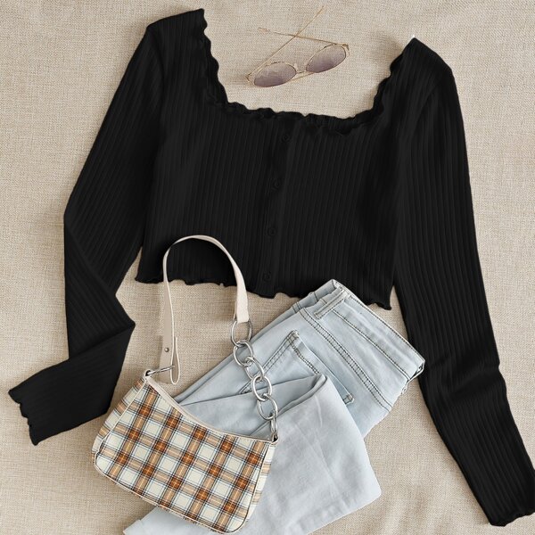 

Lettuce Trim Buttoned Front Rib-knit Top, Black