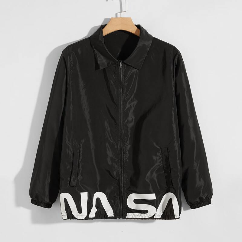 

Guys Letter Graphic Zip Up Windbreaker Jacket, Black