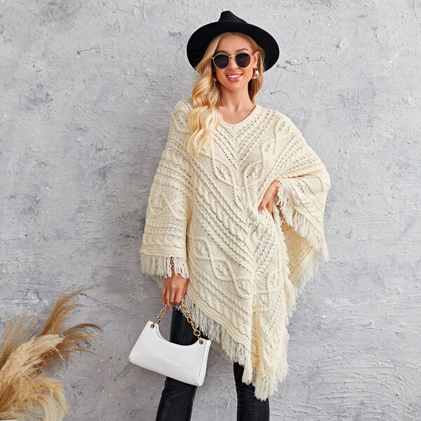 

Solid Raw Hem Poncho Sweater, Beige