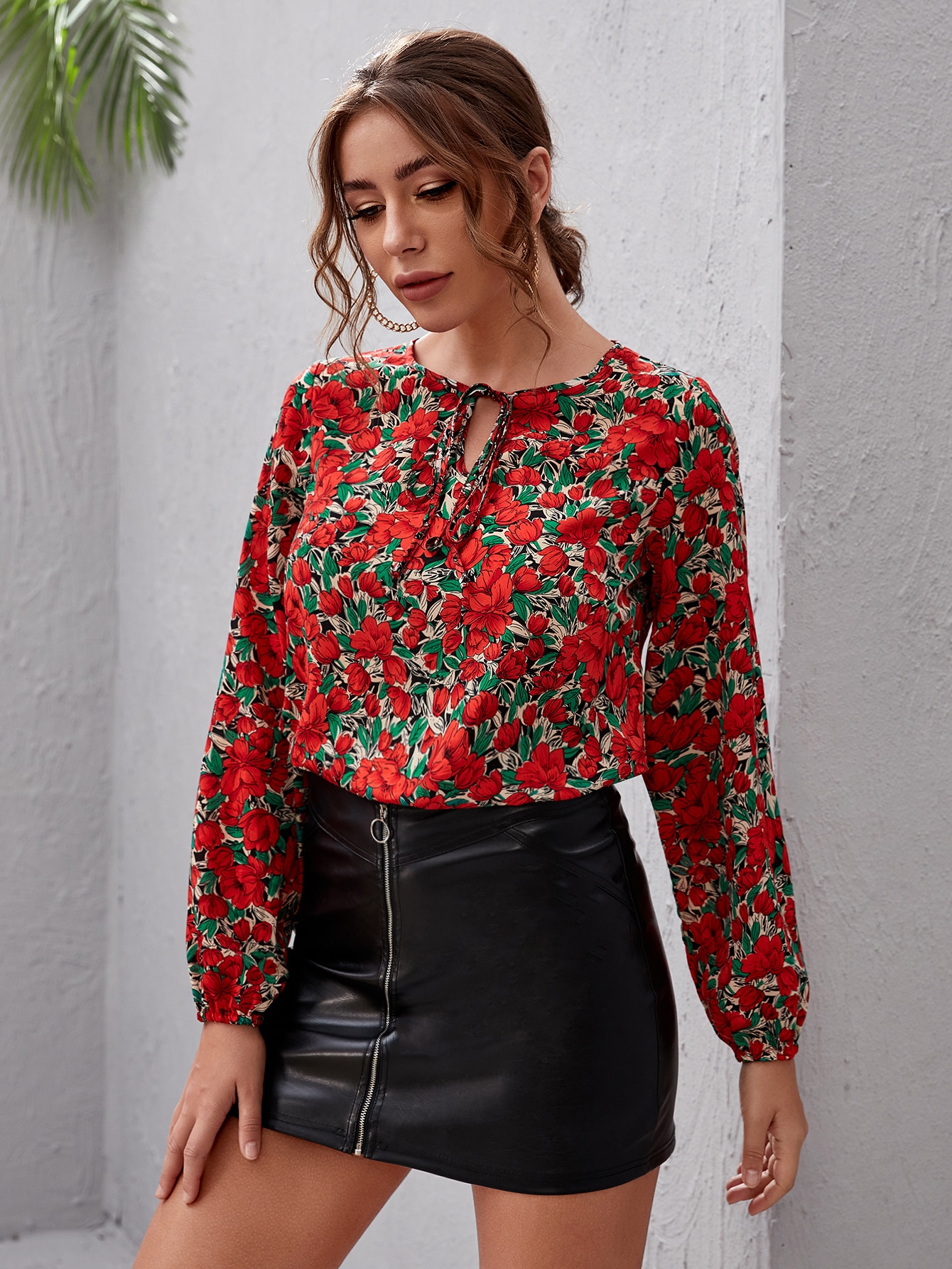 Tie Neck Allover Floral Top thumbnail