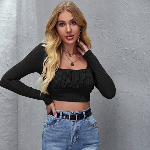

Ruched Bust Rib-knit Crop Tee, Black