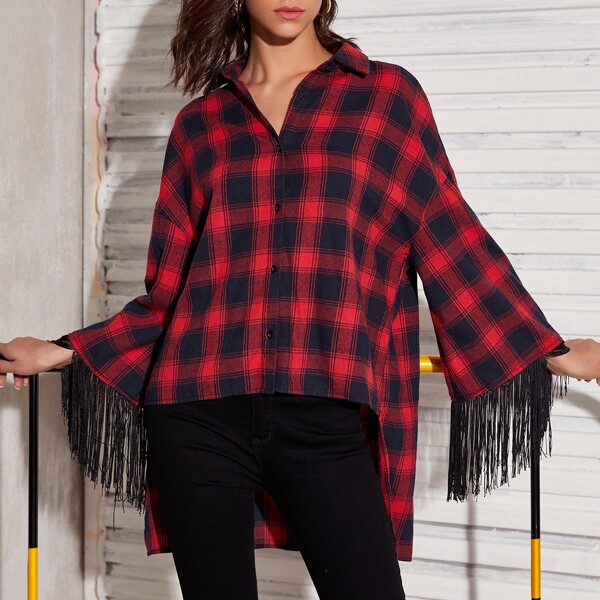 

Tartan Fringe Detail High Low Blouse, Burgundy