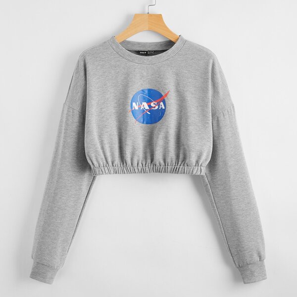 

Letter Graphic Drop Shoulder Crop Sweatshirt, Grey