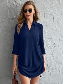 SHEIN LUNE 素色前抽褶短後長連衣裙 - 藏蓝色 - 查看 3