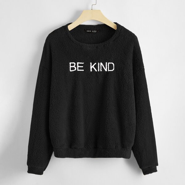 

Letter Graphic Drop Shoulder Teddy Sweatshirt, Black
