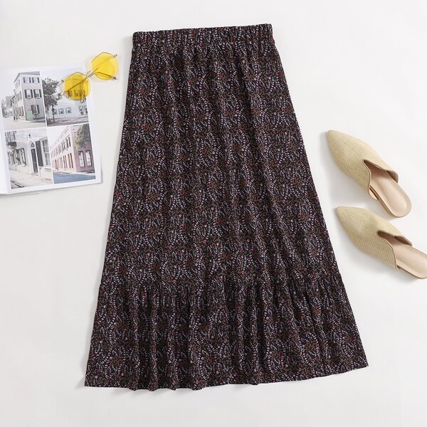 

Ruffle Hem Ditsy Floral Skirt, Black