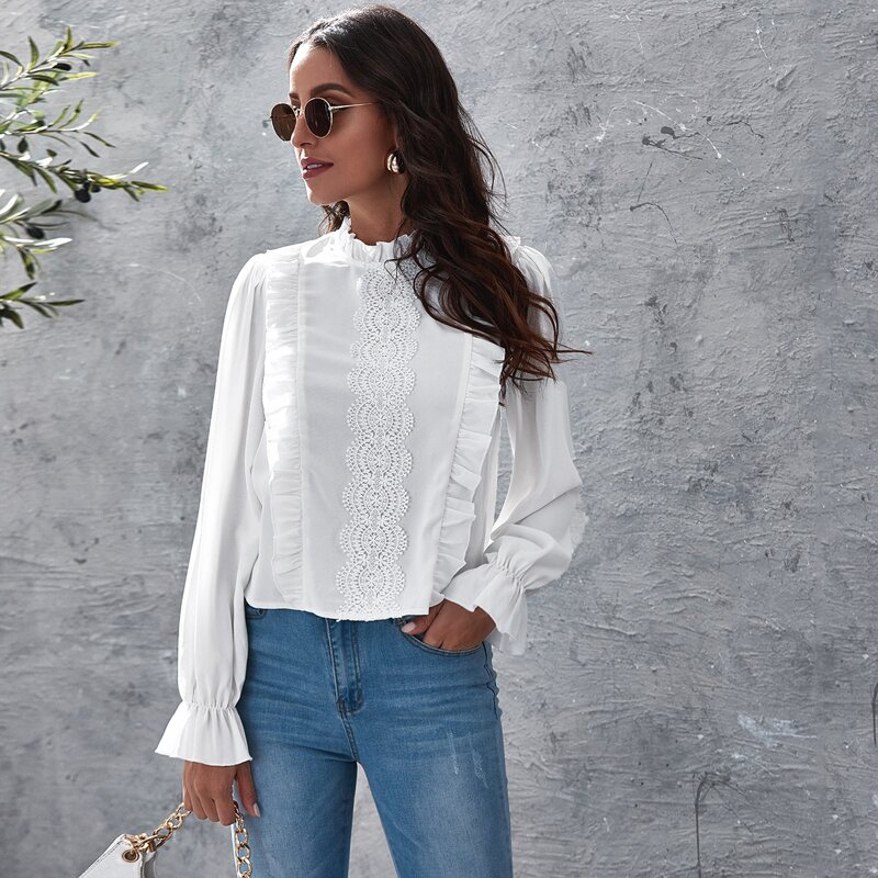 

Contrast Lace Ruffle Trim Flounce Sleeve Blouse, White