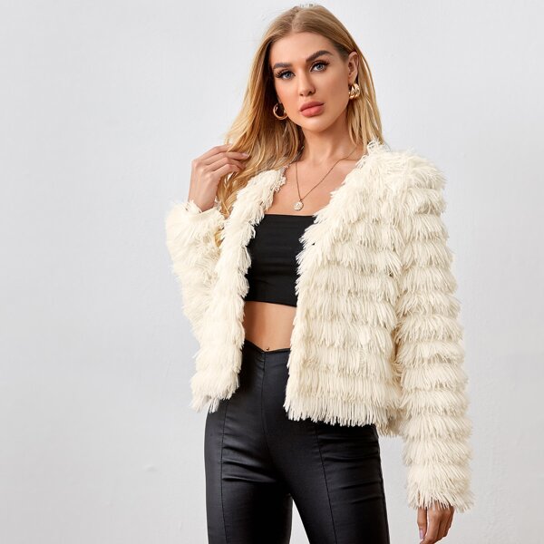 

Open Front Faux Fur Coat, Beige