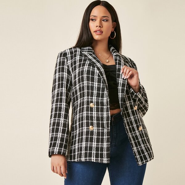 

Plus Double Breasted Tweed Blazer, Black and white