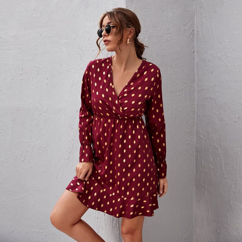 

Surplice Neck Bell Sleeve Ruffle Hem Gold Print Dress, Maroon