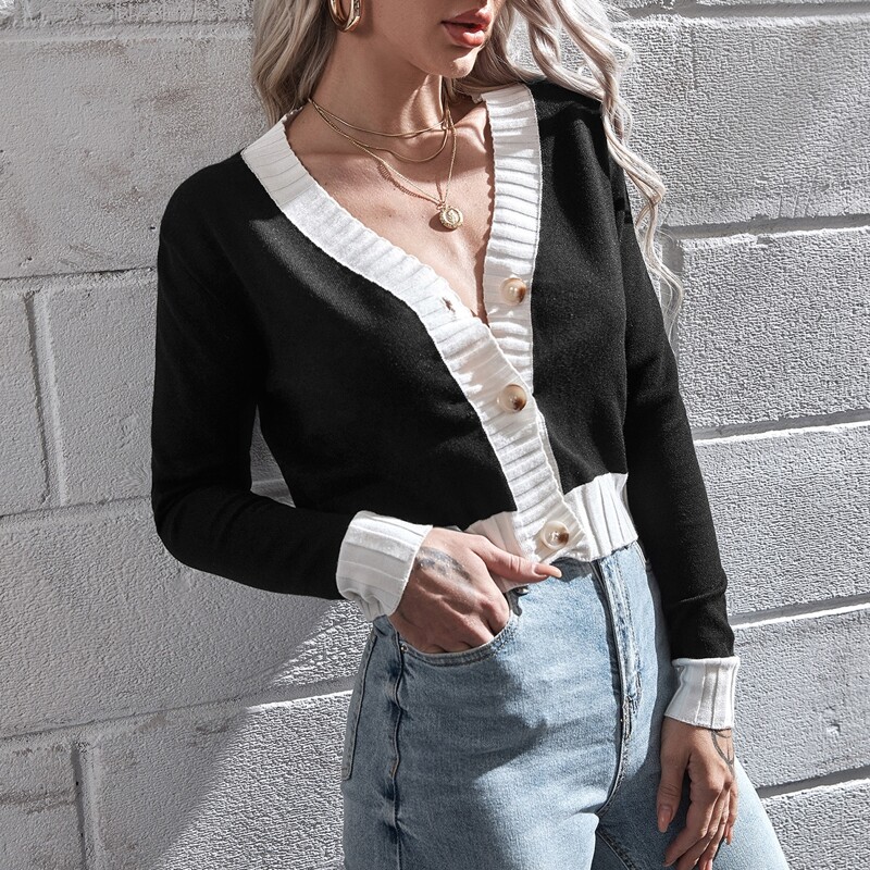 

Colorblock Button Front Cardigan, Black
