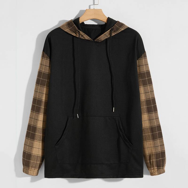 

Guys Kangaroo Pocket Plaid Drawstring Hoodie, Black