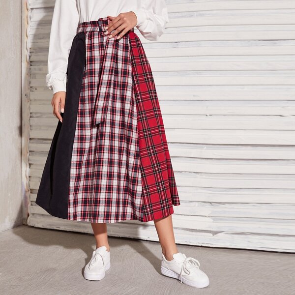 

Plaid Colorblock Self Belted Skirt, Multicolor