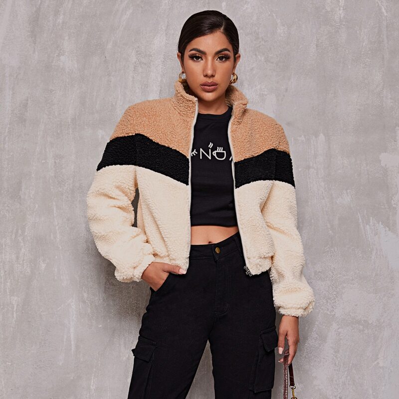 

Colorblock Zip Up Teddy Jacket, Multicolor