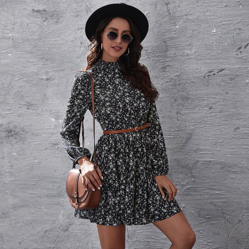 

Mock Neck Ditsy Floral A-line Dress Without Belted, Black