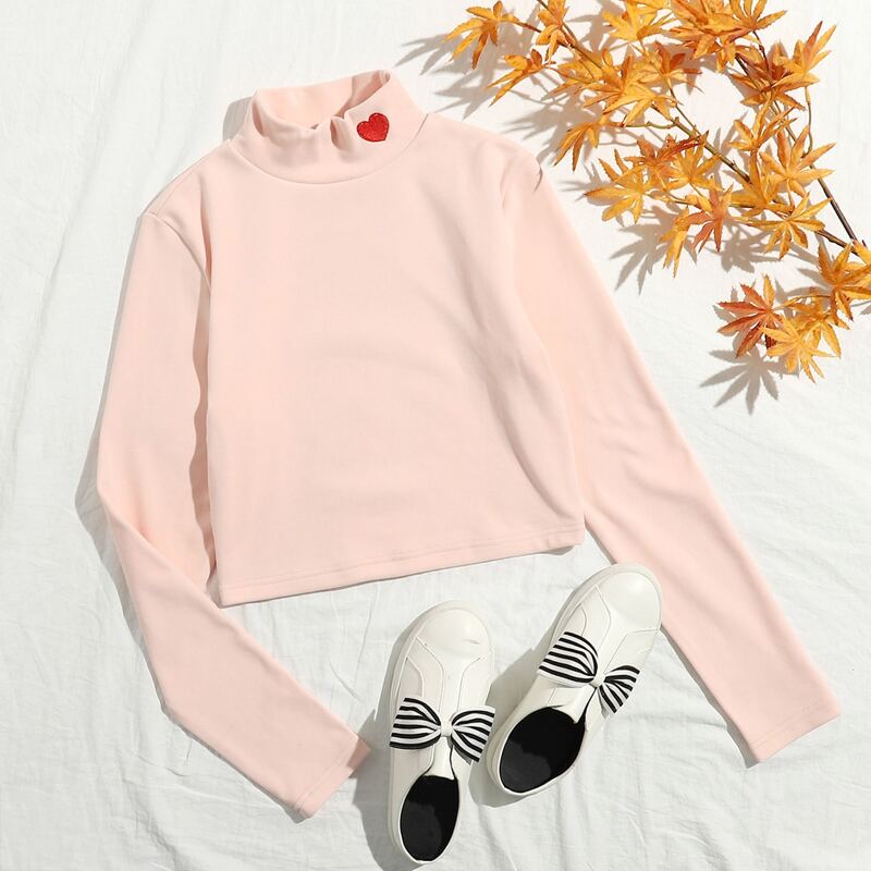 

Heart Pattern Stand Neck Top, Baby pink