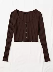 Muchica Button Front Rib-knit Lettuce Trim Tee - Chocolate Brown - View 1