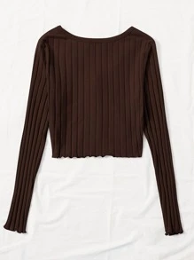 Muchica Button Front Rib-knit Lettuce Trim Tee - Chocolate Brown - View 2