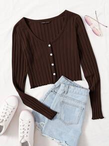 Muchica Button Front Rib-knit Lettuce Trim Tee - Chocolate Brown - View 3