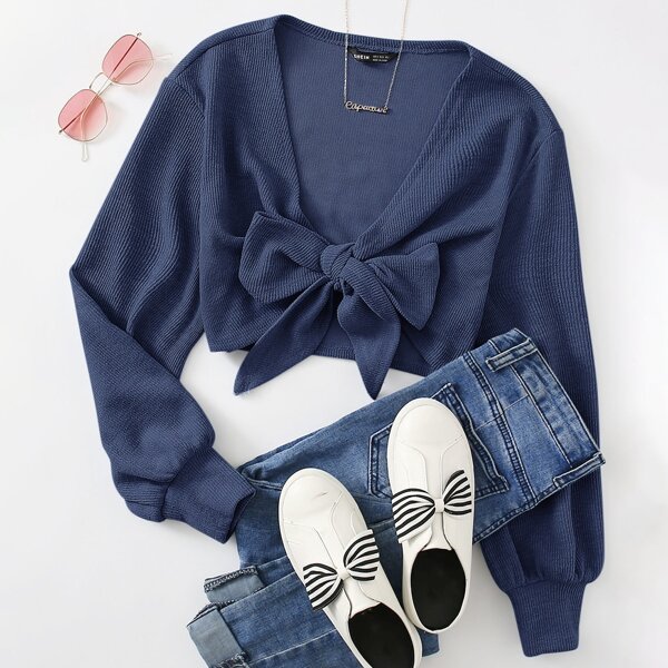 

Tie Front Rib-knit Crop Top, Dusty blue
