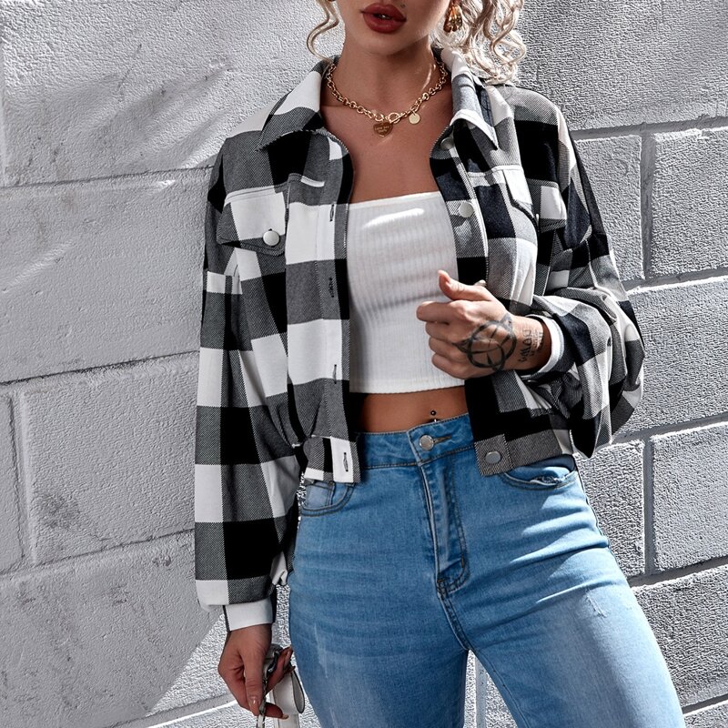 

Plaid Letter Graphic Back Jacket, Black and white