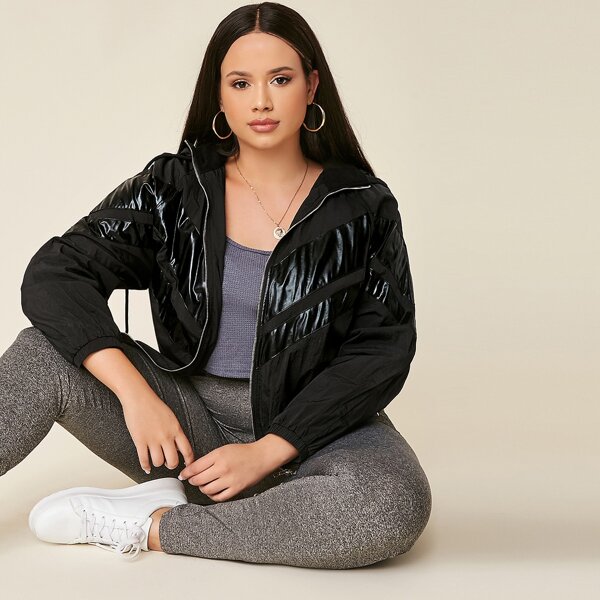 

Plus Zip Up Drawstring Hooded Windbreaker Jacket, Black