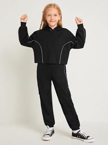 SHEIN Girls Drop Shoulder Reflective Trim Hoodie & Cargo Trousers Set - Black - View 3