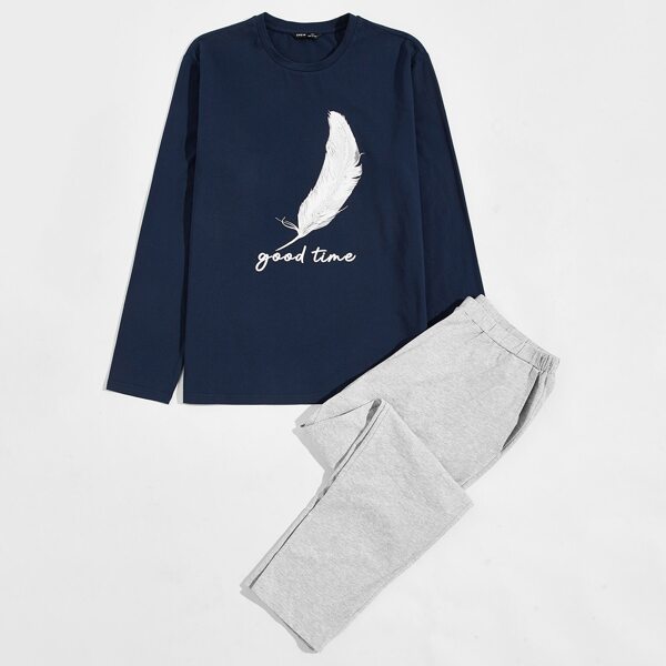 

Men Feather & Letter Print Tee & Pants PJ Set, Multicolor