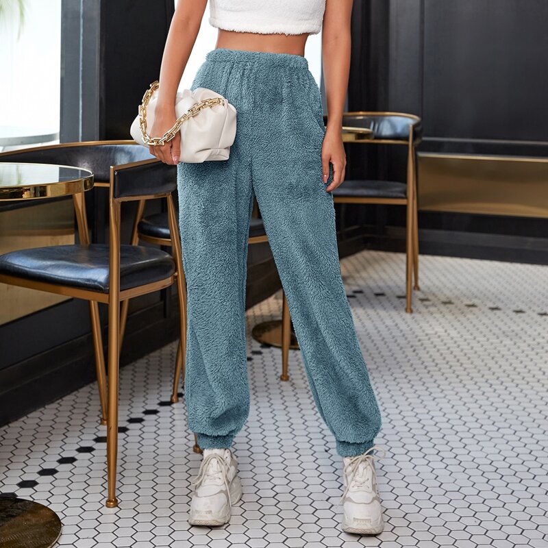 

Solid Elastic Waist Teddy Pants, Dusty blue