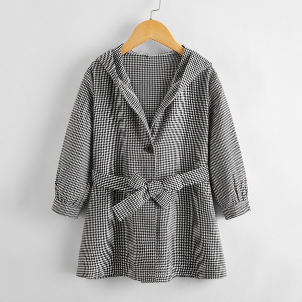 

Toddler Girls Houndstooth Belted Hooded Coat, Black and white