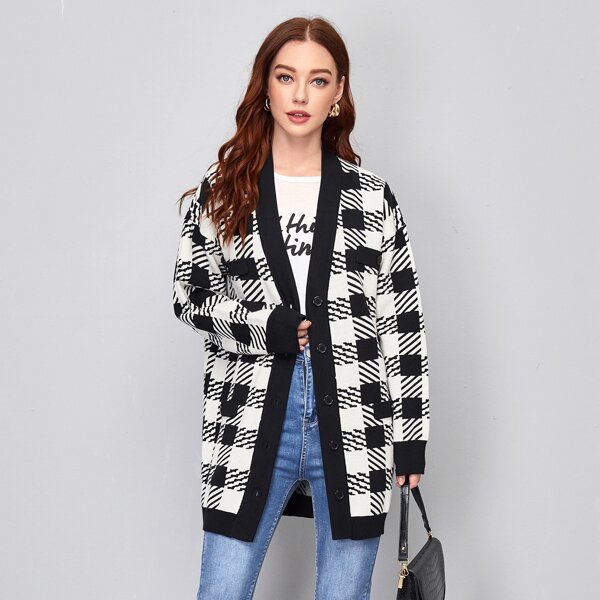 

Plaid Drop Shoulder Button Front Cardigan, Black and white