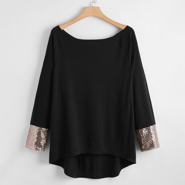 

Plus Contrast Sequin Dip Hem Tee, Black