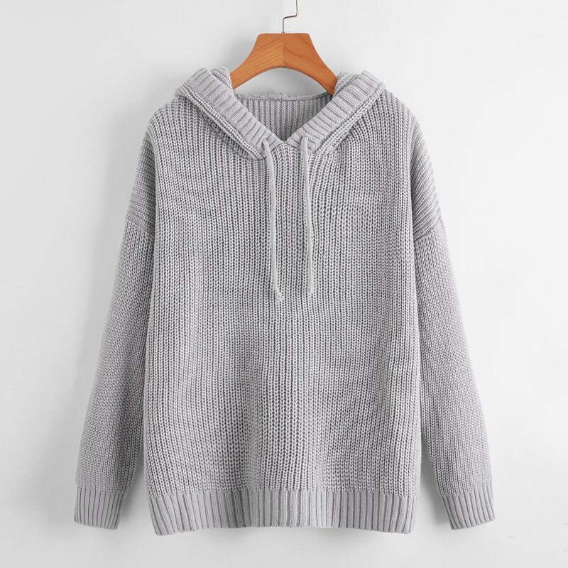 

Drop Shoulder Drawstring Hooded Sweater, Light grey
