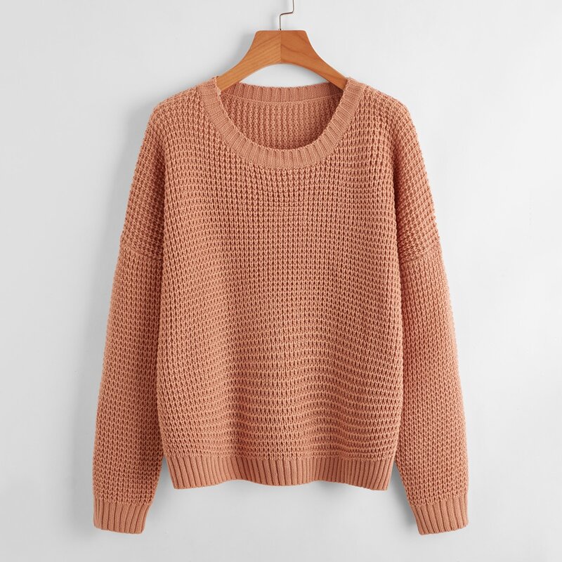 

Solid Drop Shoulder Knit Sweater, Coral orange