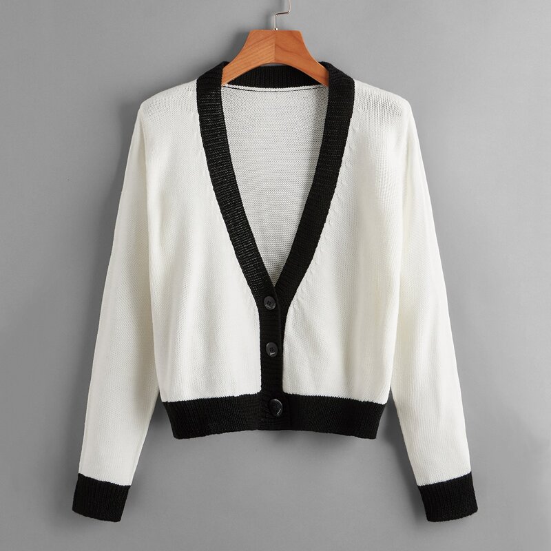 

Contrast Hem Button Front Cardigan, Black and white