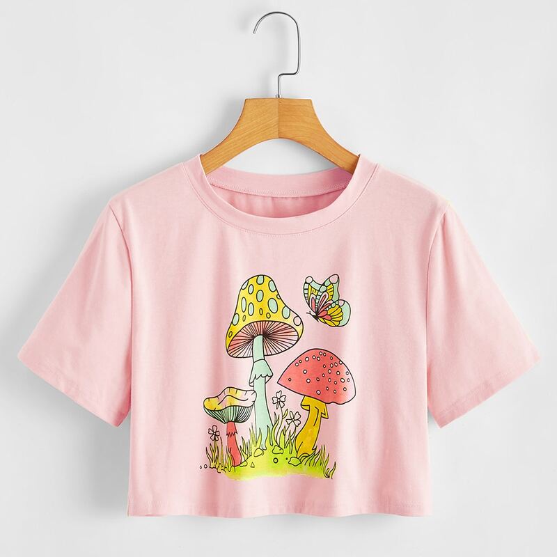 

Butterfly & Mushroom Print Crop Top, Baby pink