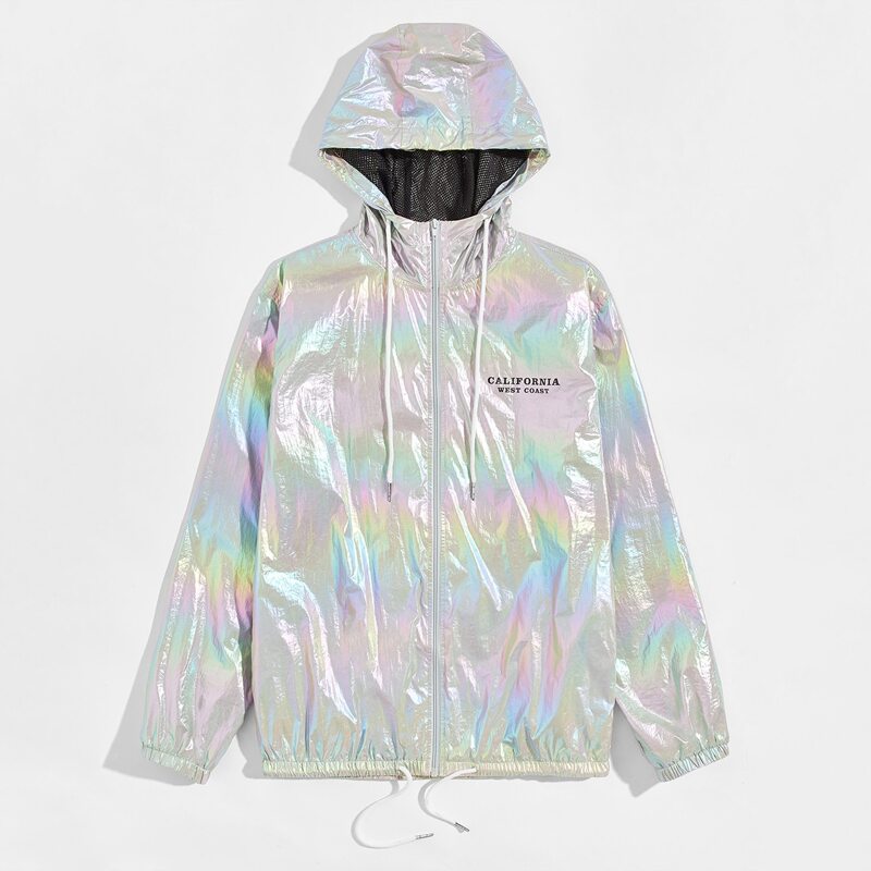 

Guys Letter Graphic Mesh Insert Holographic Wind Jacket, Multicolor