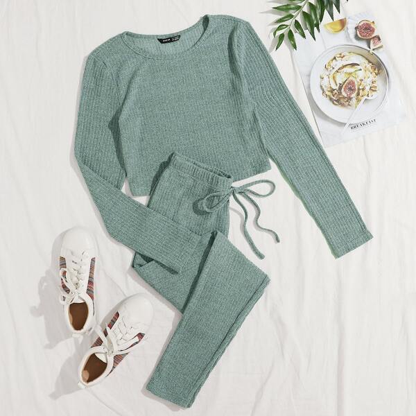 

Plus Rib-knit Top & Knot Waist Leggings Set, Pastel mint green