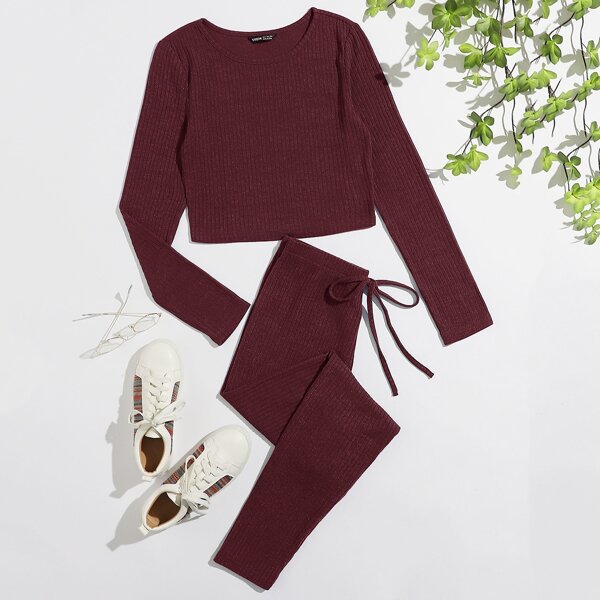

Plus Rib-knit Top & Knot Waist Leggings Set, Burgundy