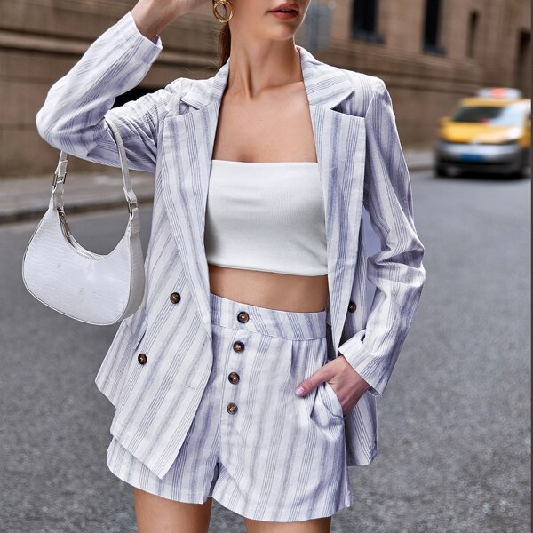 

Striped Print Double Button Blazer & Shorts Set, Multicolor