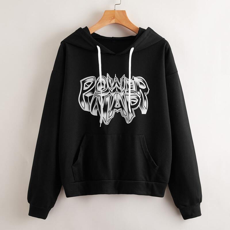 

Kangaroo Pocket Letter Graphic Hoodie, Black