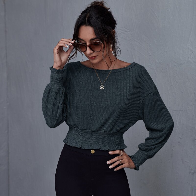 

Shirred Frill Trim Ribbed Knit Pullover, Dark green